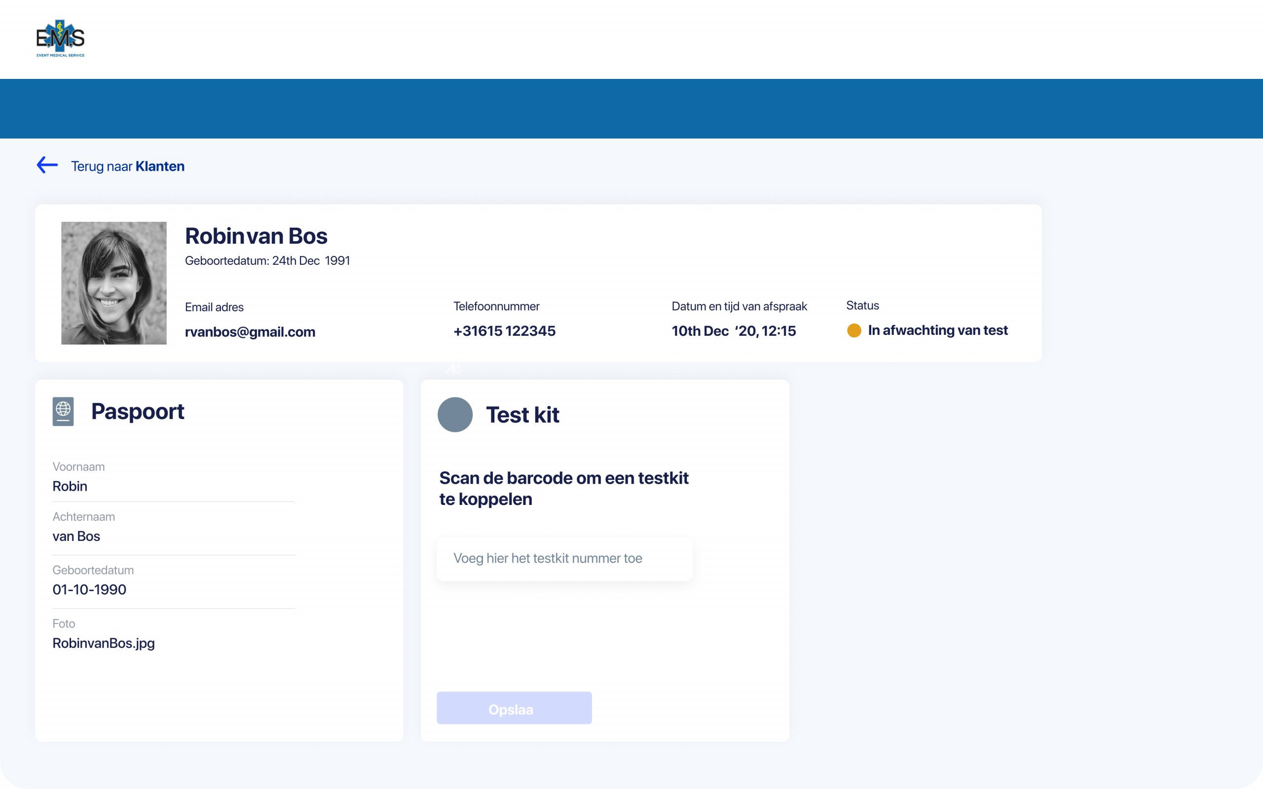Business portal — customer profile with test kit