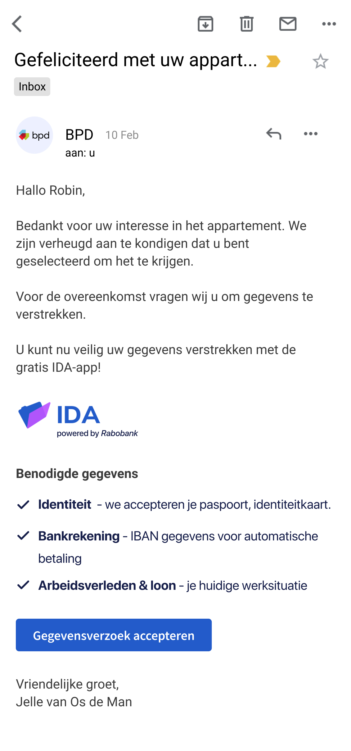 Email introducing IDA app to users